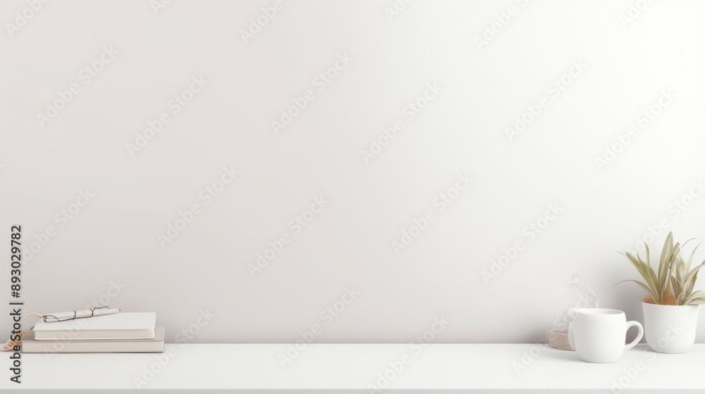 Blank white shelf with books, coffee cup and plant Blank white shelf with books, coffee cup and plant