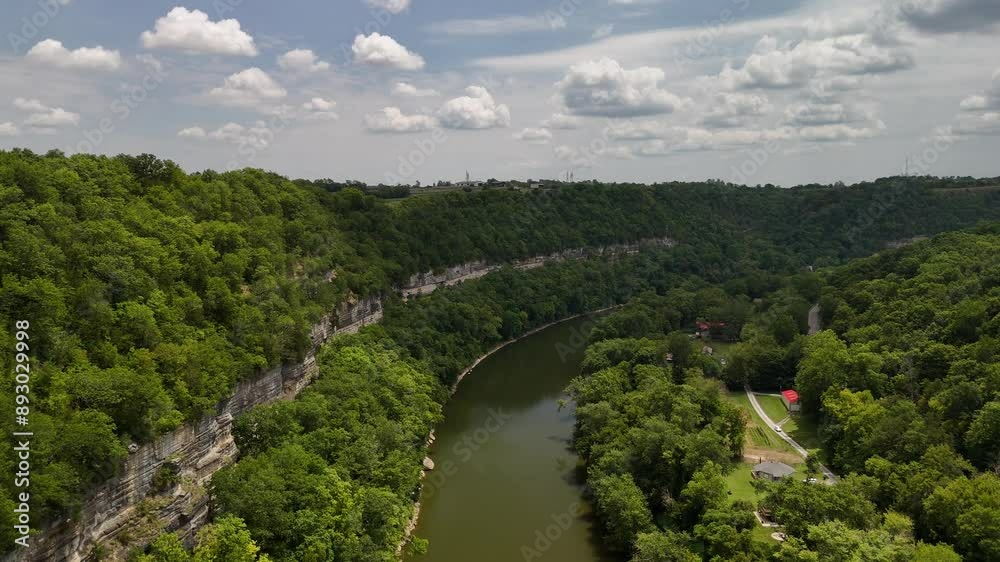Drone point of view of the Village at Palisades near Harrodsburg while flying above the banks of the Kentucky River.