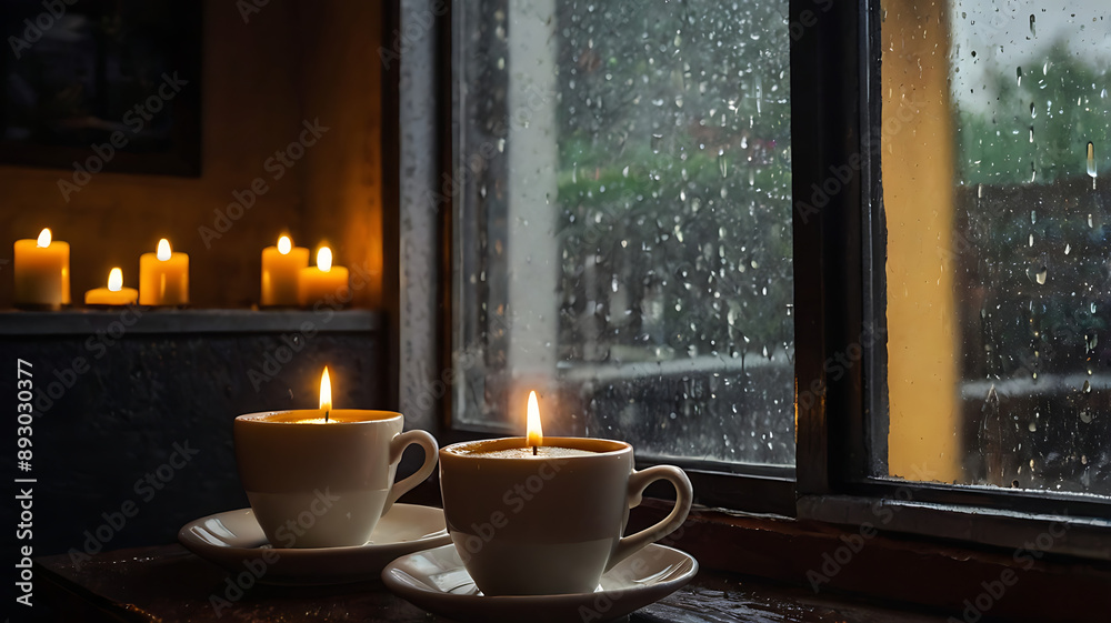 A romantic environment with candle in front of a glass window in a bedroom or restaurant A romantic environment with candle in front of a glass window in a bedroom or restaurant