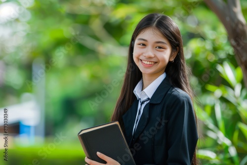 A college student is holding a book at school, smiling at the camera, wearing a black school uniform, fresh and lovely spring and summer wind,