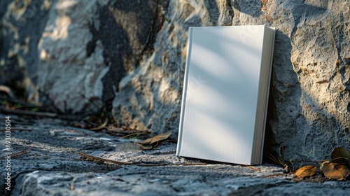 A White Book Laying on the Ground Next to a Stone Wall in the Sun - Generative AI