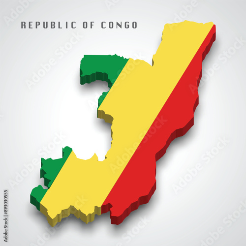 Republic of the Congo 3d map with national flag on grey background
