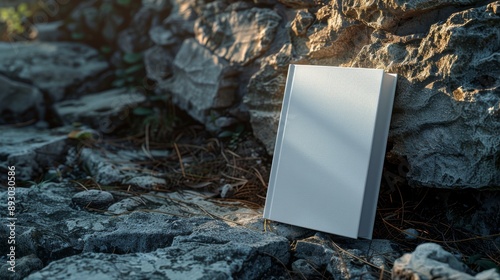 A White Book Laying on the Ground in Front of a Stone Wall With Grass Growing Around It - Generative AI