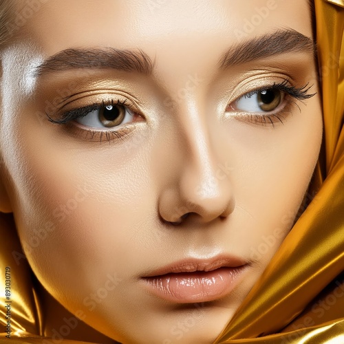 A close up of a woman s face with golden eyeshadow and a hint of sadness photo