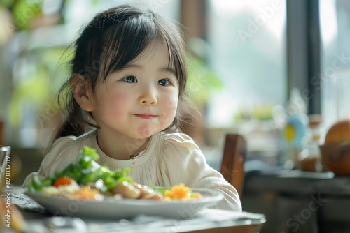 Cute asian chinese girl, a child sitting at the dining table eating with healthy food and rosy cheeks