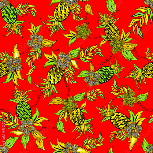 The Red Brighcolor scheme of seamless classic Batik pattern from Subang - West Java - Indonesia, called motif batik nanas subang. Showing a colorful pineapple pattern on bright red background.