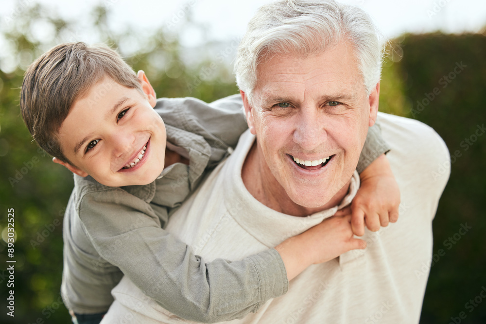 Piggyback, portrait or love with grandpa and boy child outdoor in garden of home together for bonding. Carry, face or smile with happy senior man and grandson in backyard for fun, games or visit Piggyback, portrait or love with grandpa and boy child outdoor in garden of home together for bonding. Carry, face or smile with happy senior man and grandson in backyard for fun, games or visit
