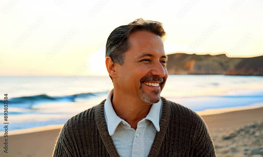 Medium shot portrait video of a grinning man in his 40s wearing a chic cardigan against a beach background Medium shot portrait video of a grinning man in his 40s wearing a chic cardigan against a beach background