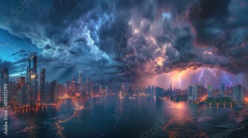 A View of a City Skyline Lit up Under a Stormy Sky With Water in the Foreground and Buildings in the Background - Generative AI