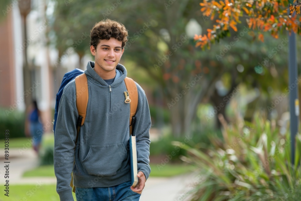 Obraz premium Young Man Walking Through Campus with Backpack and Book