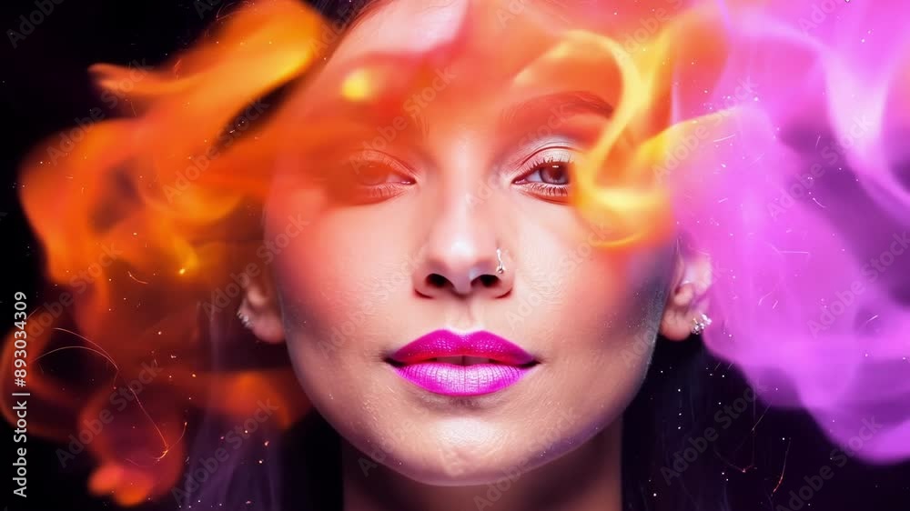 Fiery tendrils of pink and orange nebula gases dance around a face adding a mystical and ethereal quality to the portrait. Fiery tendrils of pink and orange nebula gases dance around a face adding a mystical and ethereal quality to the portrait.