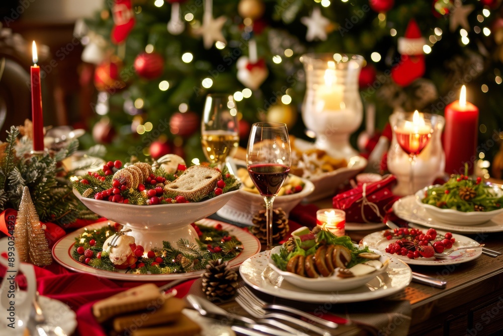 Christmas Dinner Table Setting with Red Decorations and Candles Christmas Dinner Table Setting with Red Decorations and Candles