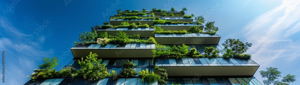 Eco-friendly building. Sustainable office building with garden on balconies for reducing carbon dioxide. Office building with green environment. Corporate building reduce CO2. Net zero building. Eco-friendly building. Sustainable office building with garden on balconies for reducing carbon dioxide. Office building with green environment. Corporate building reduce CO2. Net zero building.