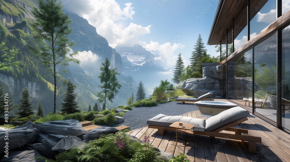 Fototapeta premium Stunning Mountain Retreat Focusing on Wellness: High-Tech Health Monitoring, Outdoor Activities, and Relaxation