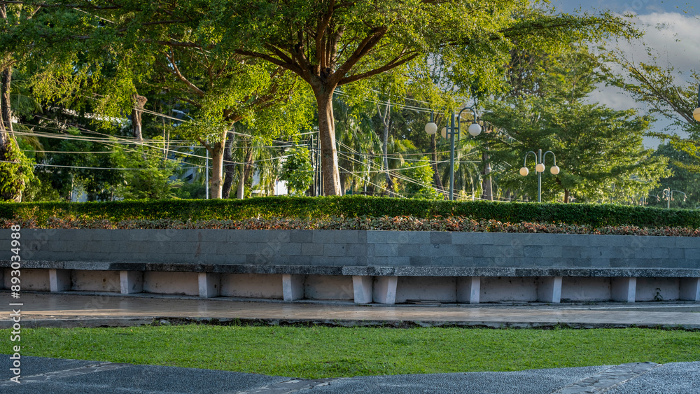 Obraz premium view of the city park with concrete benches and lights, beautiful and beautiful garden with big trees and bonsai city park. Environmental care theme background concept