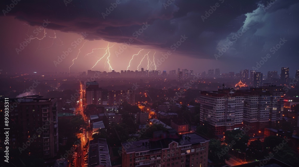 Obraz premium A Storm Is Lighting up the Night Sky Over a City With Skyscrapers in the Background - Generative AI