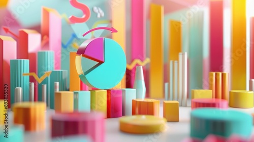 Business growth with 3D pie charts and financial symbols
