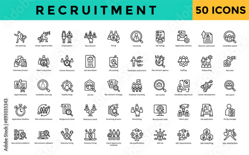 Recruitment icon set with job opening, career opportunities, employment, recruitment, hiring, vacancies, job listings, application process, resume submission, candidate icon. Simple line vector 
