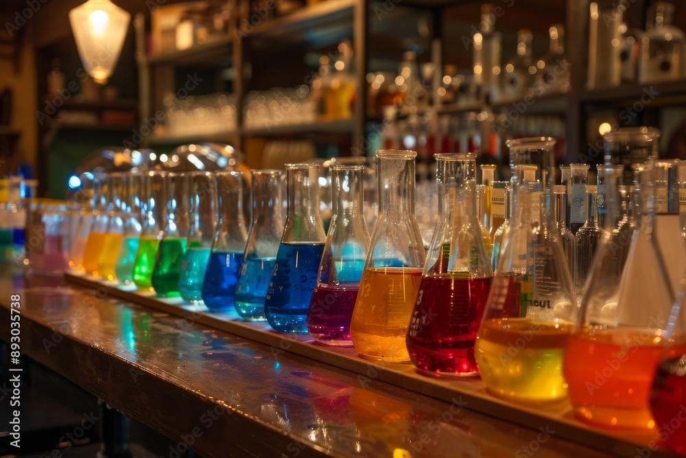 Colorful Erlenmeyer Flasks Lined Up on a Wooden Bar Counter Colorful Erlenmeyer Flasks Lined Up on a Wooden Bar Counter
