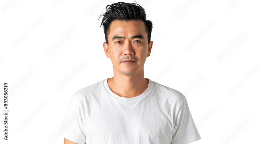Half body portrait of a determined Vietnamese eco-tour guide in his 30s in a white T-shirt