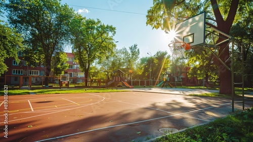 Fototapeta Naklejka Na Ścianę i Meble -  Schoolyard with basketball court and playground in sunny evening.