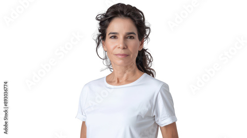 Half body portrait of a curious Jordanian archaeologist in her 40s in a white T-shirt