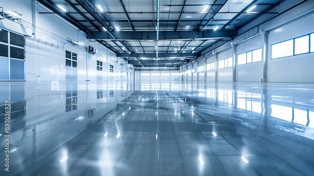 New shiny epoxy resin floor in a large, brightly lit room. Office, warehouse, production workshop after renovation. New shiny epoxy resin floor in a large, brightly lit room. Office, warehouse, production workshop after renovation.