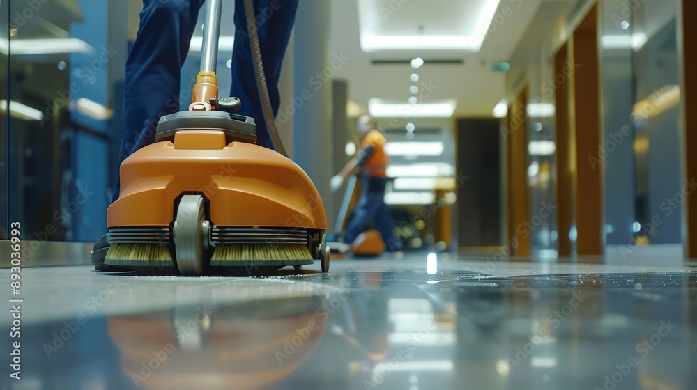 Professional janitorial staff using an industrial floor buffer machine for cleaning and polishing the hallway of a modern corporate or commercial building Professional janitorial staff using an industrial floor buffer machine for cleaning and polishing the hallway of a modern corporate or commercial building