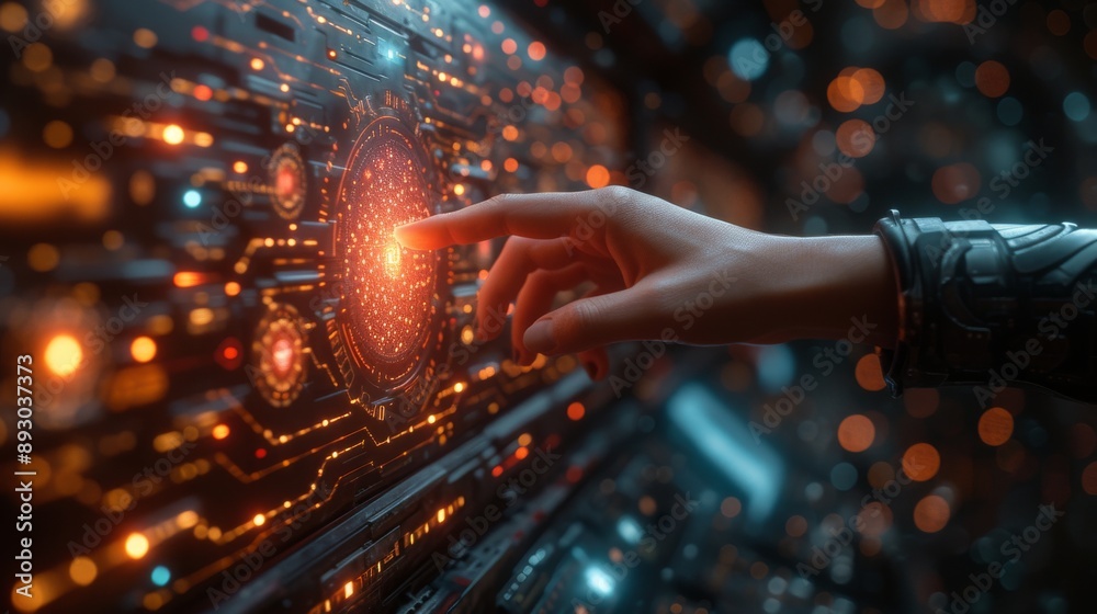 A Hand Is Touching a Glowing Screen in Front of a Background of Stars and Lights - Generative AI A Hand Is Touching a Glowing Screen in Front of a Background of Stars and Lights - Generative AI