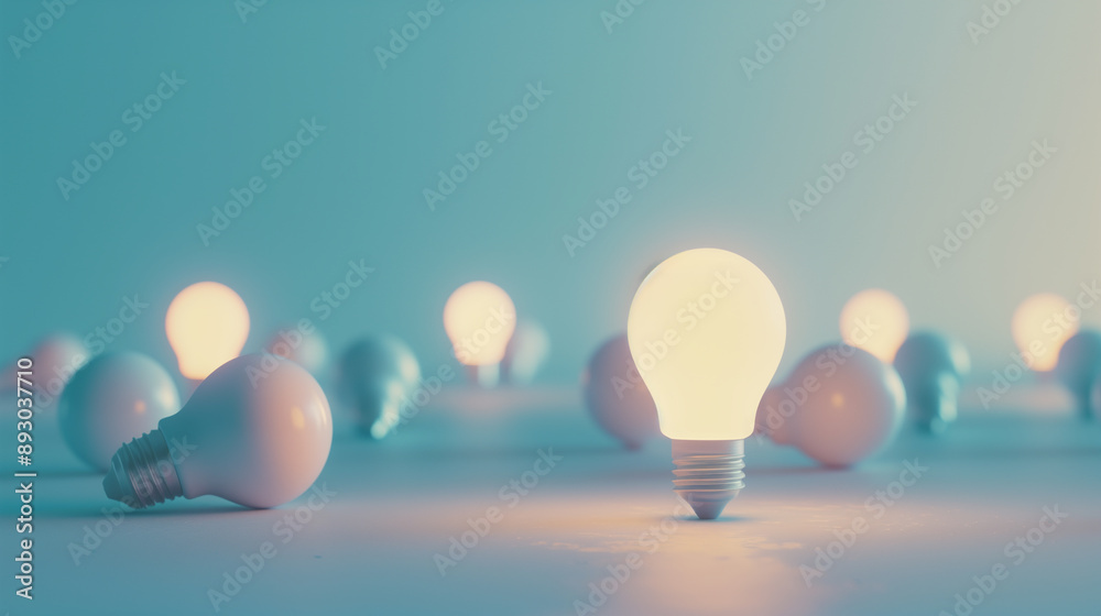 Single Illuminated Light Bulb Among Many Unlit Bulbs on Blue Background Single Illuminated Light Bulb Among Many Unlit Bulbs on Blue Background