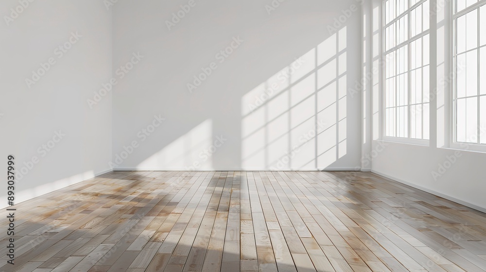 Empty white room with white wall, wooden floor and big window. Studio or office blank space. Empty template for interior product. Background for branding design showcase with copy space