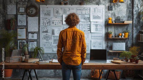 A Man Standing In Front of a Table With a Laptop on It and a Bunch of Papers on the Wall In Front of Him - Generative AI