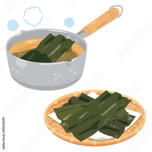 昆布入りのスープ鍋とザルに盛られた昆布