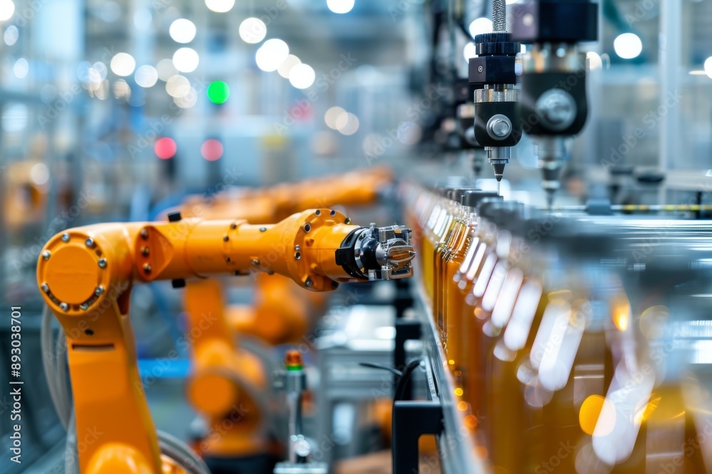 Automated Bottling Line with Orange Robots Automated Bottling Line with Orange Robots