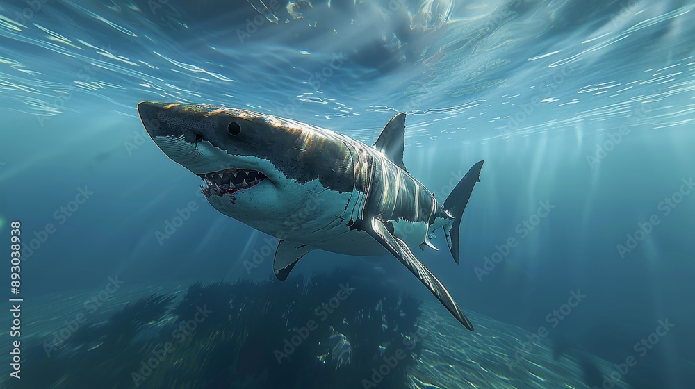 Fototapeta premium A Large Shark Swims in the Ocean With Its Mouth Open and Its Eyes Open - Generative AI