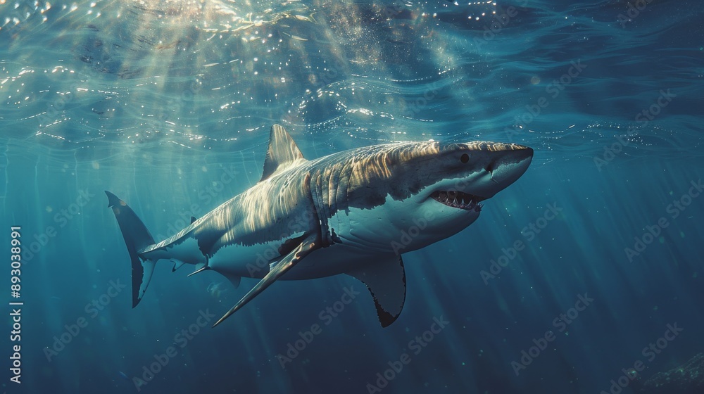Fototapeta premium A Great White Shark Swims in the Ocean With Sunlight Shining Through the Water - Generative AI