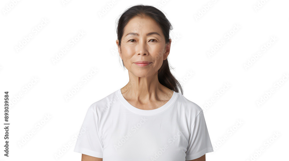 Half body portrait of a serene Thai meditation instructor in her 40s in a white T-shirt Half body portrait of a serene Thai meditation instructor in her 40s in a white T-shirt