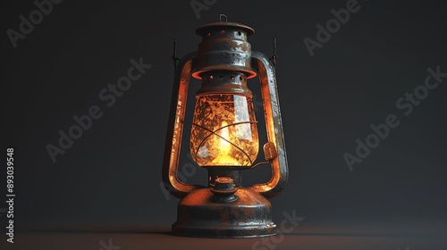 a rusty, old oil lamp with a bright light shining through the glass on white background  © Muzamil