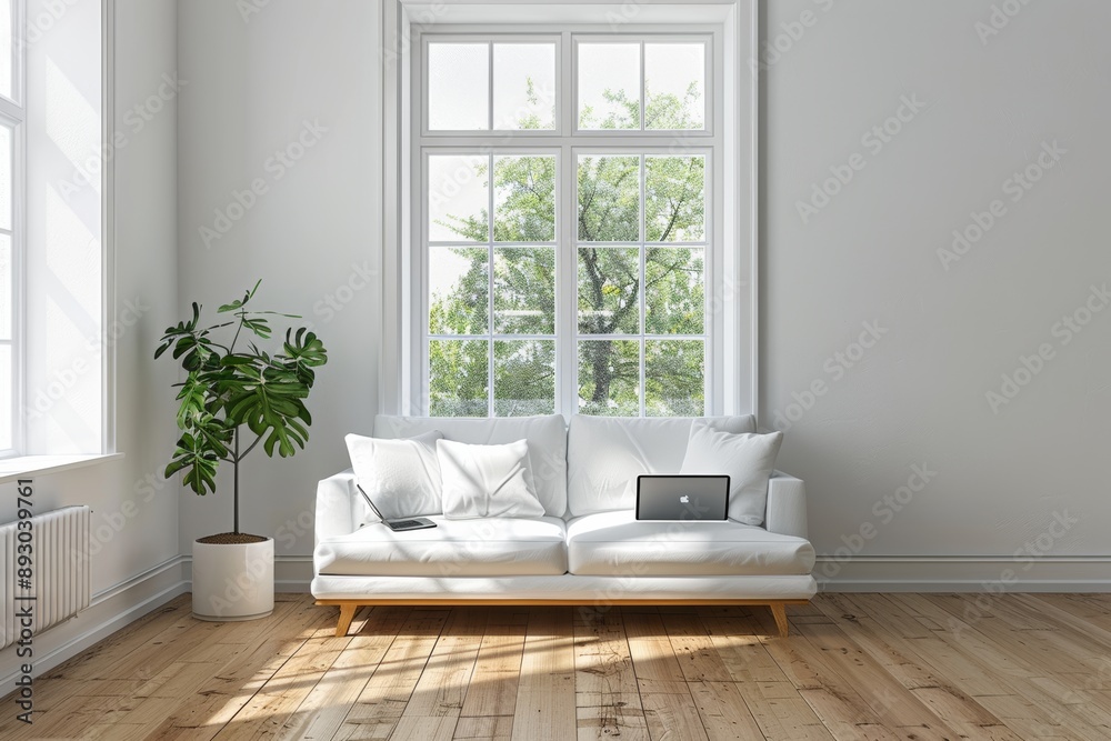Interior of modern living room with white walls, wooden floor, white sofa and laptop on it. Interior of modern living room with white walls, wooden floor, white sofa and laptop on it.