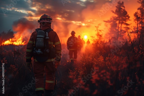 Firefighters in safety gear battle forest wildfire cinematic footage of ecological emergency