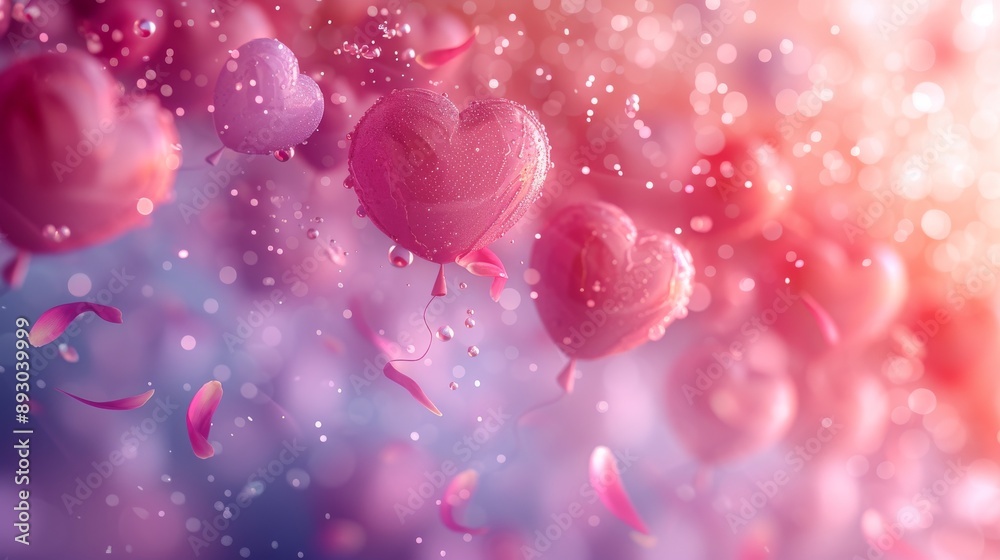 A Close up of a Bunch of Pink Heart Shaped Balloons and Confetti Falling From the Sky - Generative AI A Close up of a Bunch of Pink Heart Shaped Balloons and Confetti Falling From the Sky - Generative AI
