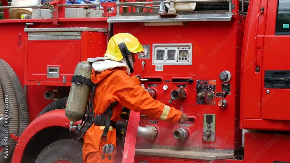 Firefighter fighting smoke flame use fire hose chemical water foam spray engine. Firefighter Rescue training in fire fighting extinguisher. Fireman wear hard hat safety suit uniform for protection Firefighter fighting smoke flame use fire hose chemical water foam spray engine. Firefighter Rescue training in fire fighting extinguisher. Fireman wear hard hat safety suit uniform for protection