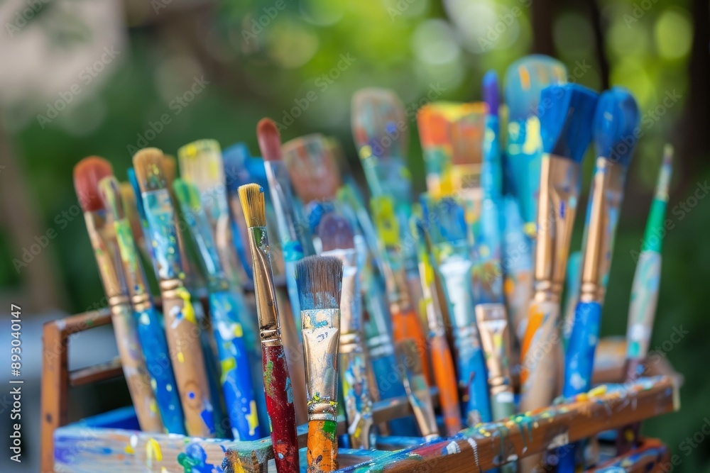 Obraz premium Colorful Paintbrushes in a Wooden Holder