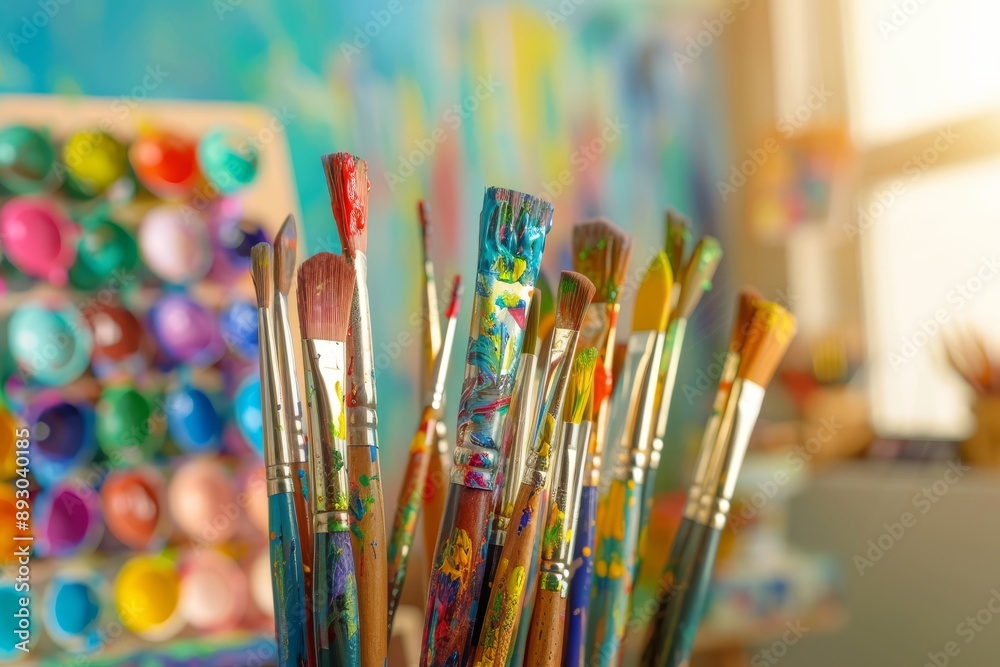 Close-Up of Paintbrushes in a Colorful Art Studio Close-Up of Paintbrushes in a Colorful Art Studio