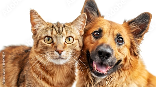 a brown and white dog and a tabby cat on white background  © Muzamil