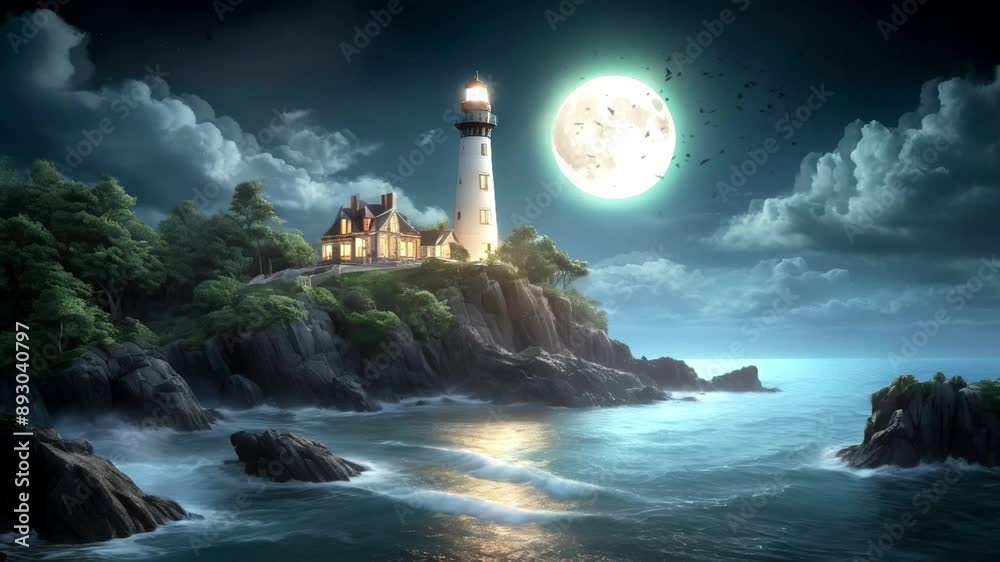 Lighthouse on the sea at night with full moon – 03