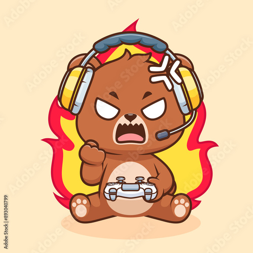 Cute Angry Bear Gaming Cartoon Vector Icon