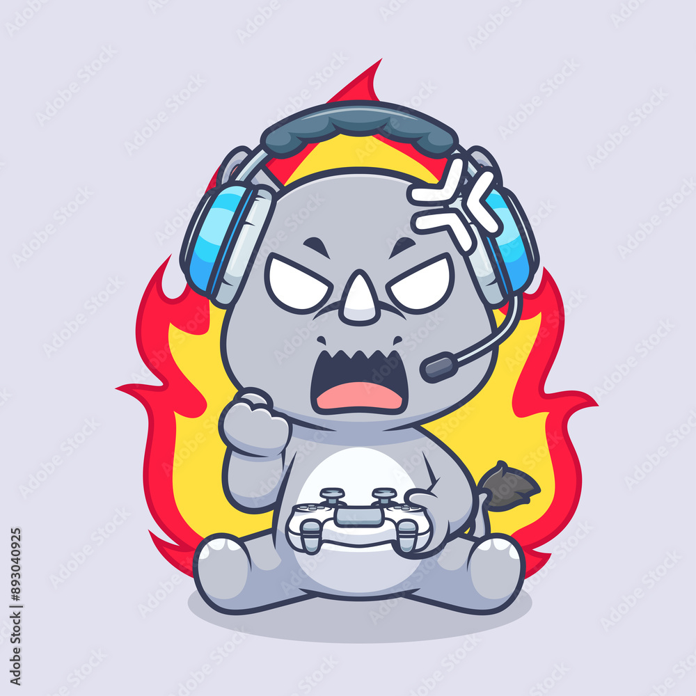 Fototapeta premium Cute Angry Rhino Gaming Cartoon Vector Icon
