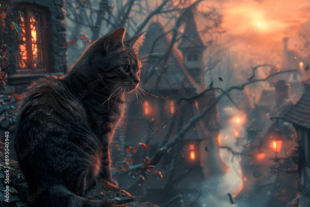 Cat sitting on ledge, looking out over city lights at night. Cat sitting on ledge, looking out over city lights at night.