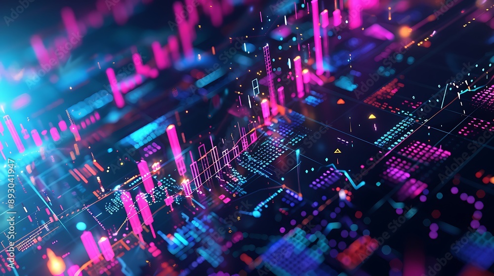 Fototapeta premium Neon Abstract Visualization of Analytics Digital Data Flow for Modern Futuristic Electronic Innovation Technology Concept.